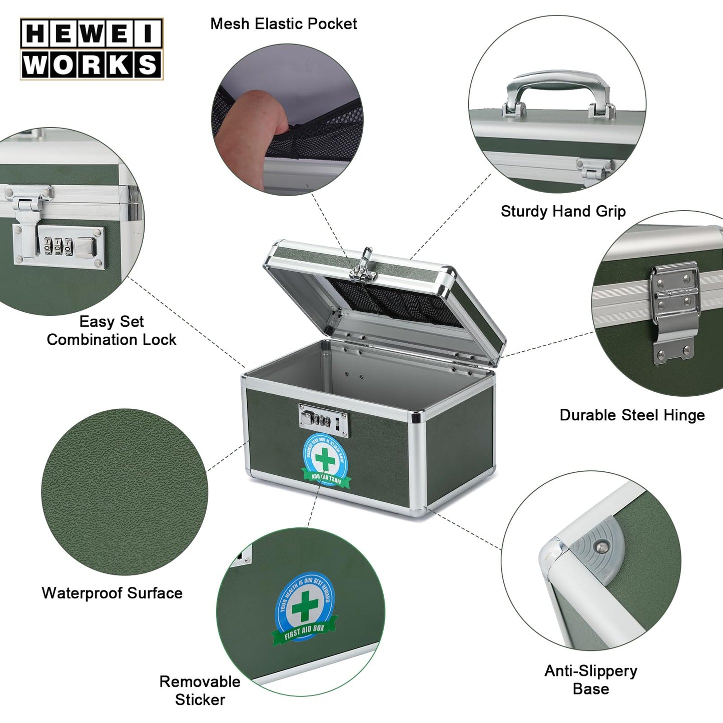 HEWEI WORKS Medication Lock Box, Lockable Medicine Storage, Empty First Aid, Medical Organizer, Safe lockbox for Home & Outdoor (Green, Small)