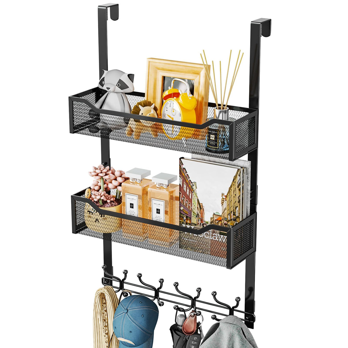 SWTYMIKI Over Door Hanger Hooks - Multi-Functional Coat Hanger with 16 Hooks & 2 Mesh Baskets, Door Hangers for Clothes, Bedroom, Living Room, Home
