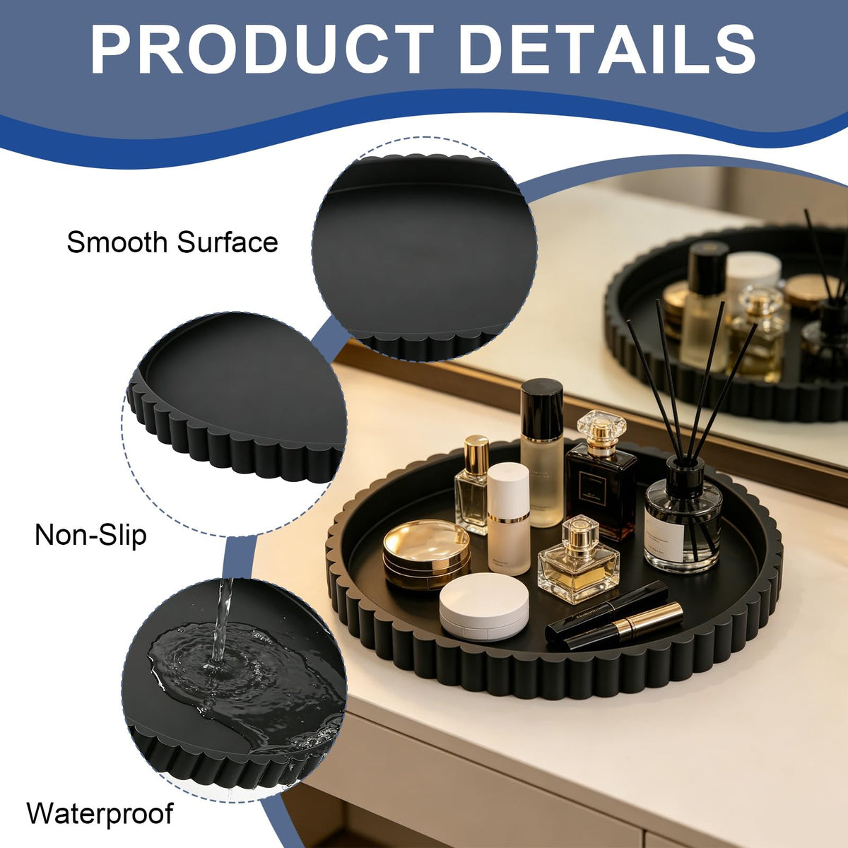 2 Pcs Silicone Bathroom Tray, Round Decorative Tray Wavy Perfume Tray for for Bathrooms, Kitchens, Living Rooms and Bedrooms（9 Inches） (Black)