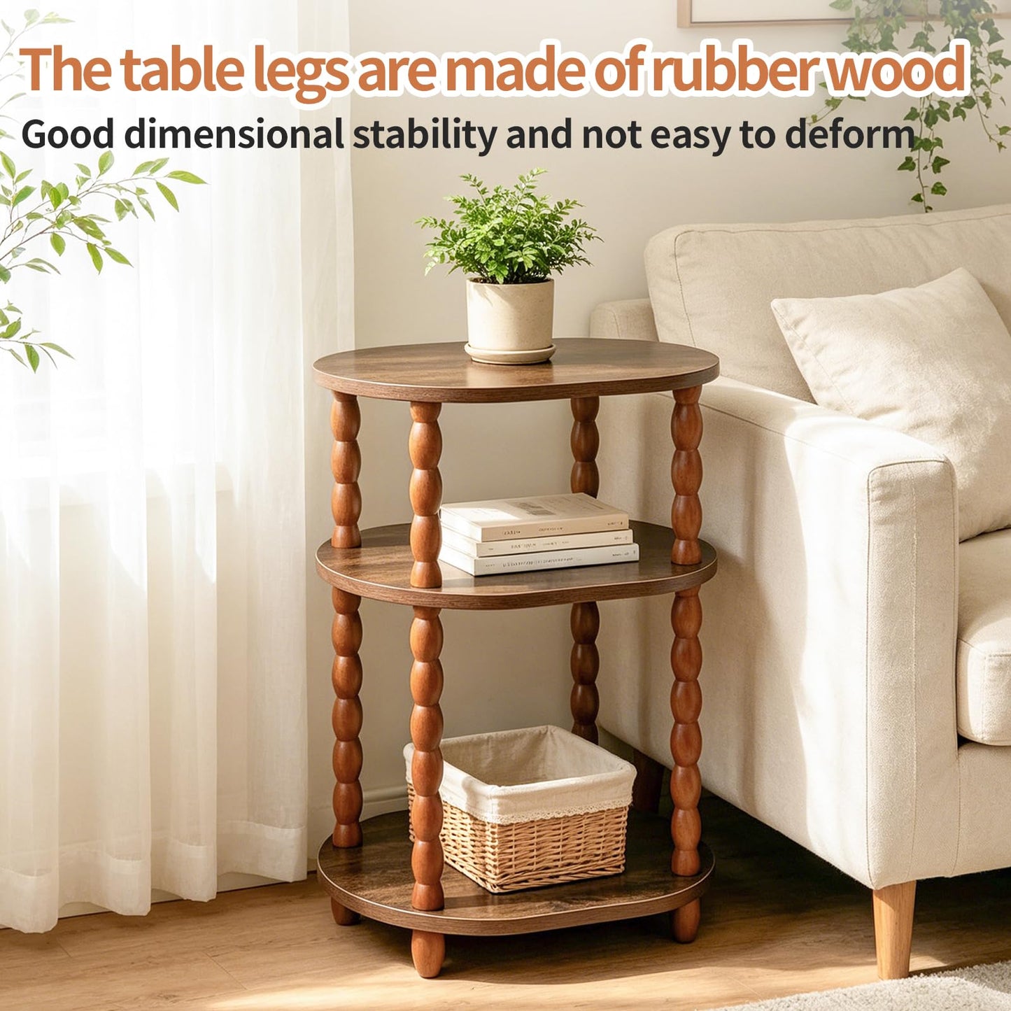 Wooden Side Table,3-Tier Small End Table with Storage Shelf, Vintage Retro furniture Bedside Coffee oval Table Night Stand for Living Room, Bedroom
