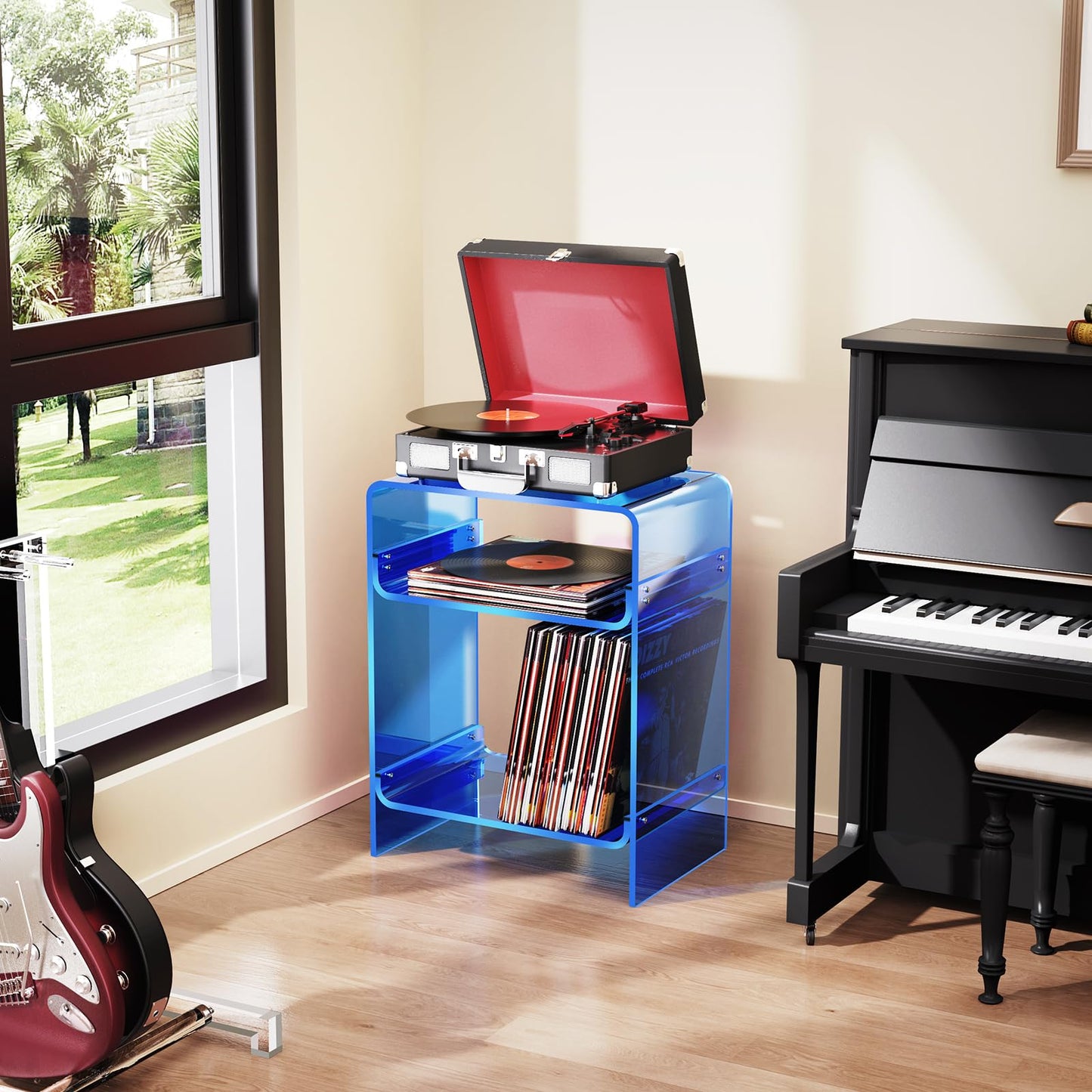 Dewrhiixe Acrylic Record Player Table with Storage Shelf, Clear Side Table, Nightstand (Blue, 45×30×58 cm, Acrylic)