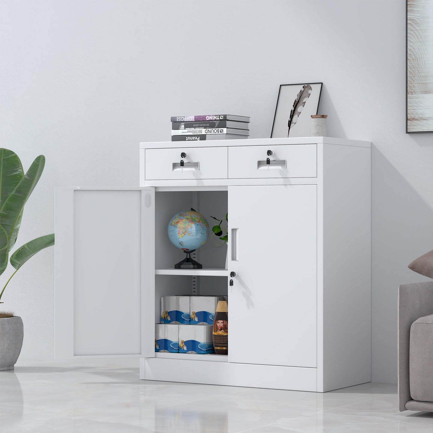 JINGUR Metal Storage Cupboard with Locking Doors and 2 Drawers (White)