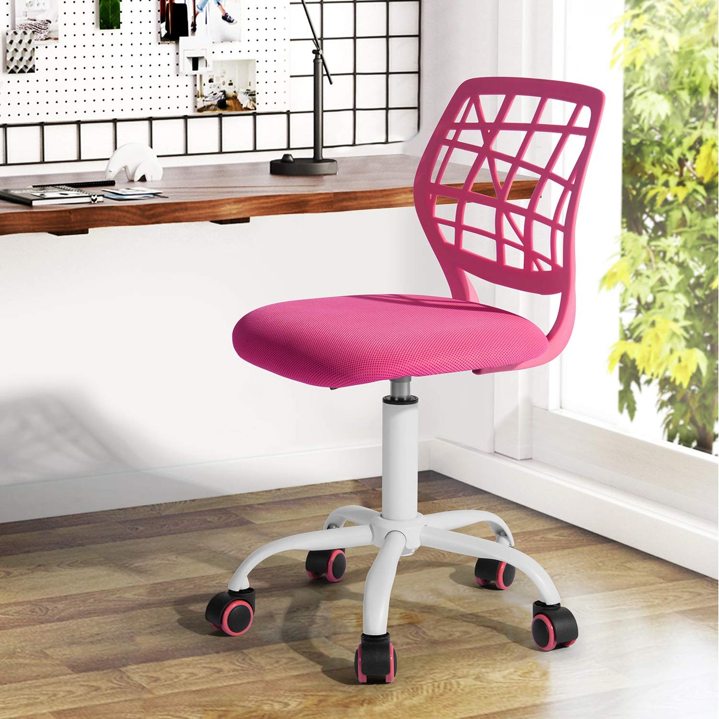 FurnitureR Ergonomic Adjustable Height Turner Rolling Computer Executive Chair for Home Office Study Pink Plastic 38 cm x 39 cm x 75-85 cm
