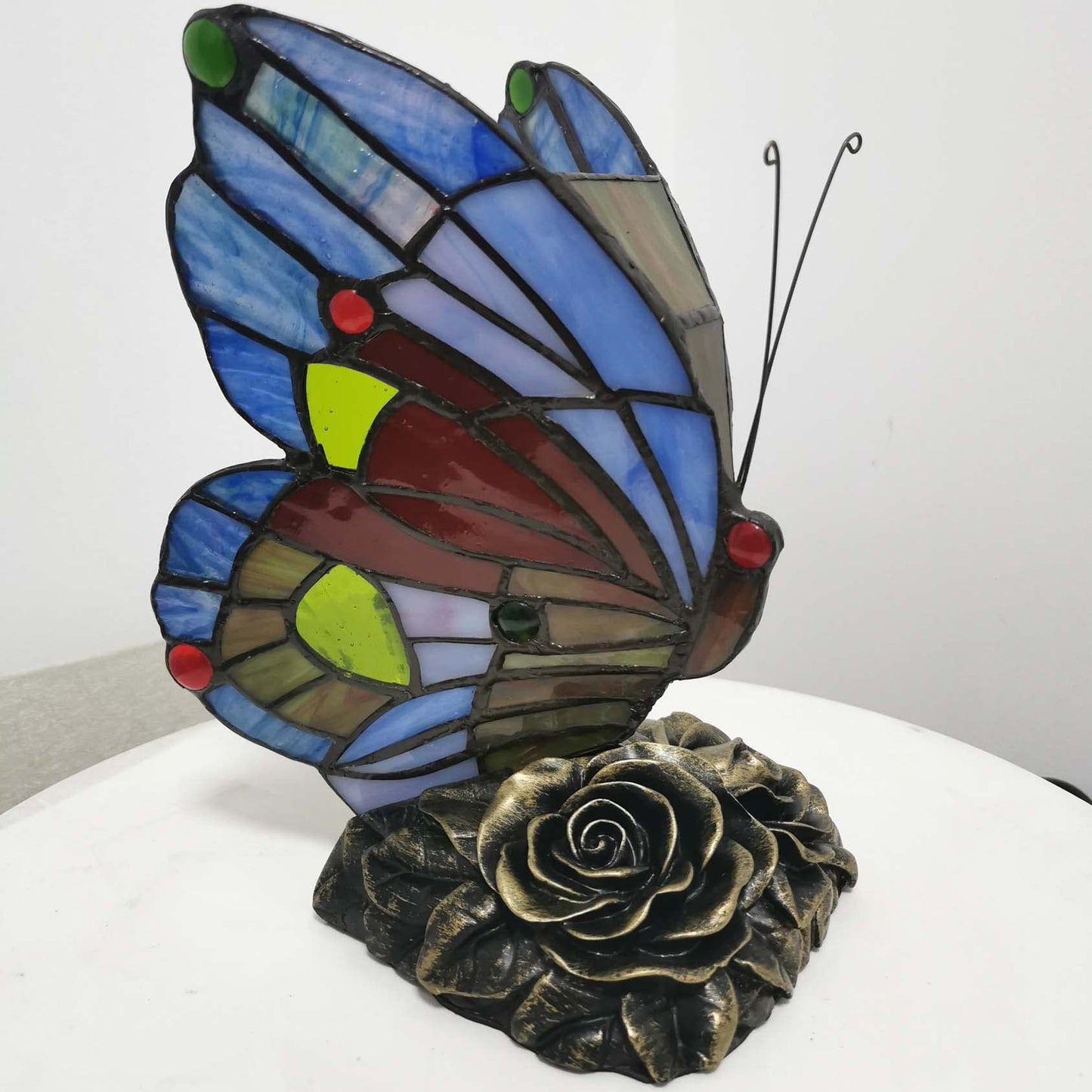 Bieye L30042US 8 inches Butterfly Tiffany Style Stained Glass Accent Table Lamp Night Light for Bedside Bedroom Living Room Coffee Table, Blue Red