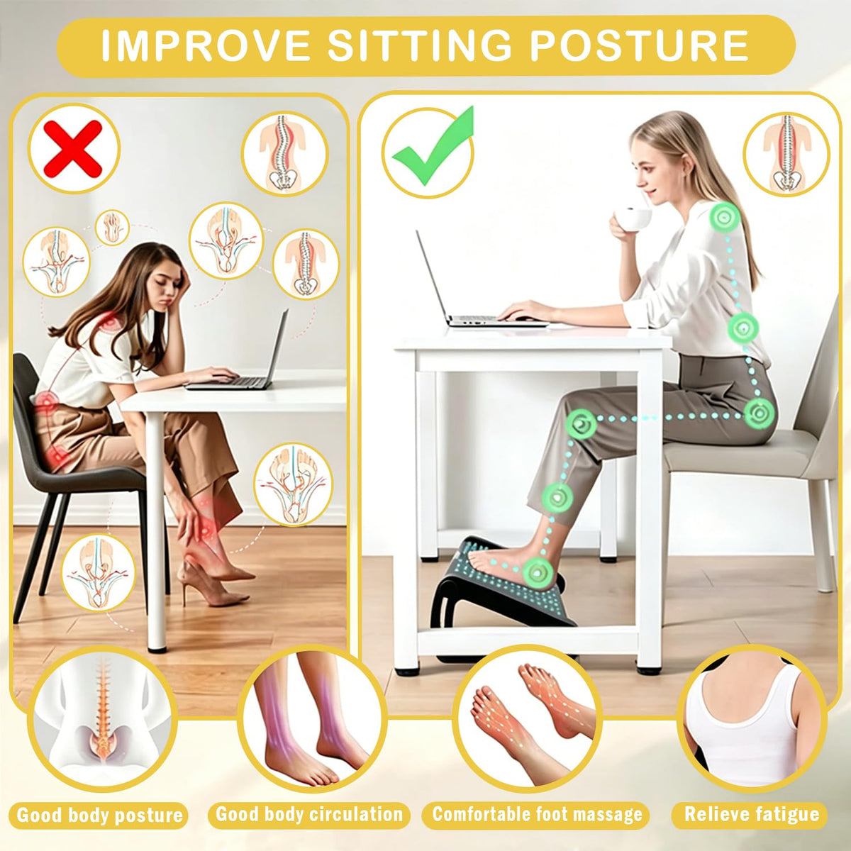Adjustable Foot Rest Under Desk, 6-Height Adjustable Roll Massage Function