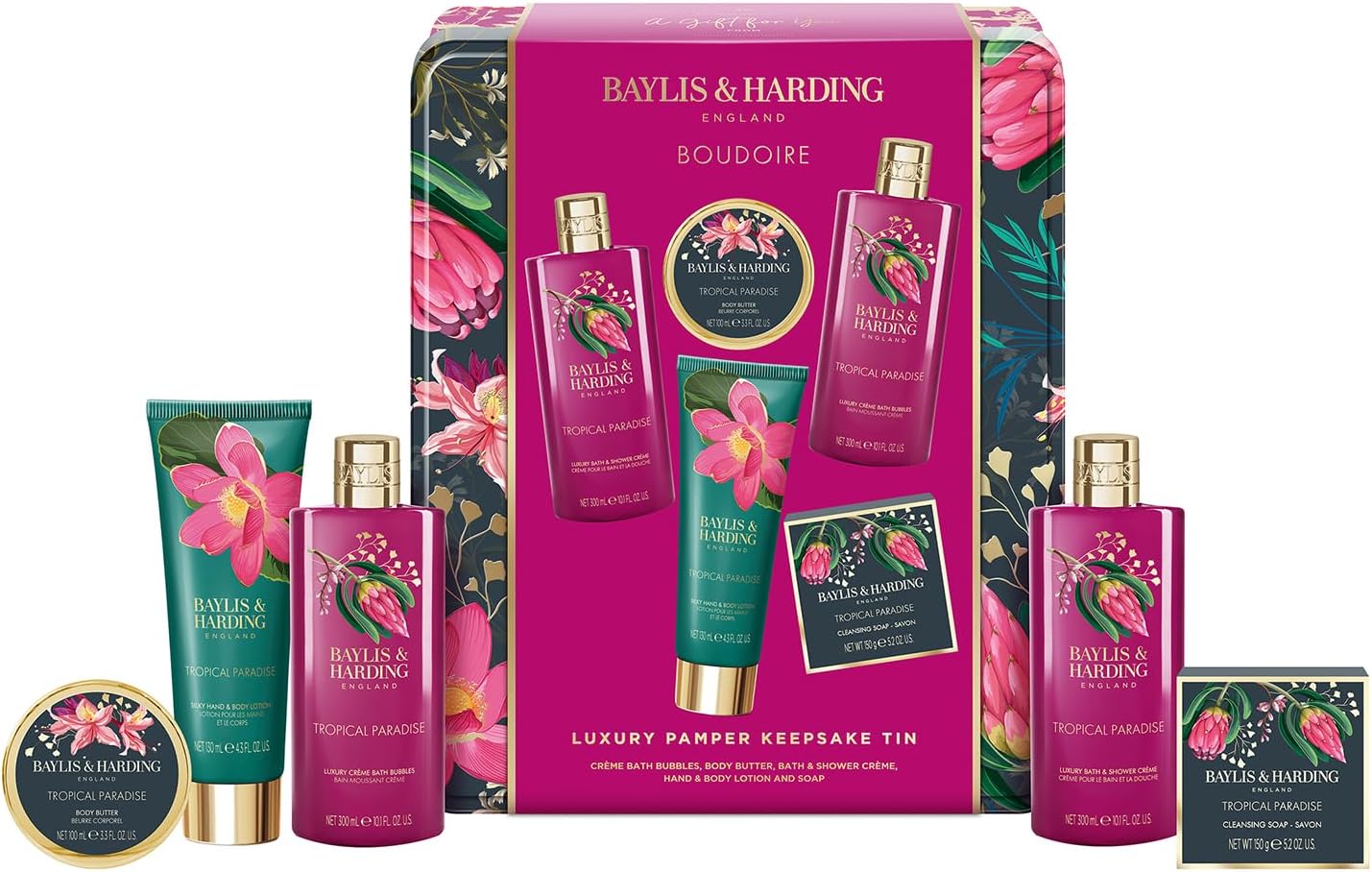 Baylis & Harding Boudoire Tropical Paradise Luxury Pamper Tin Gift Set, New but lid corner dented