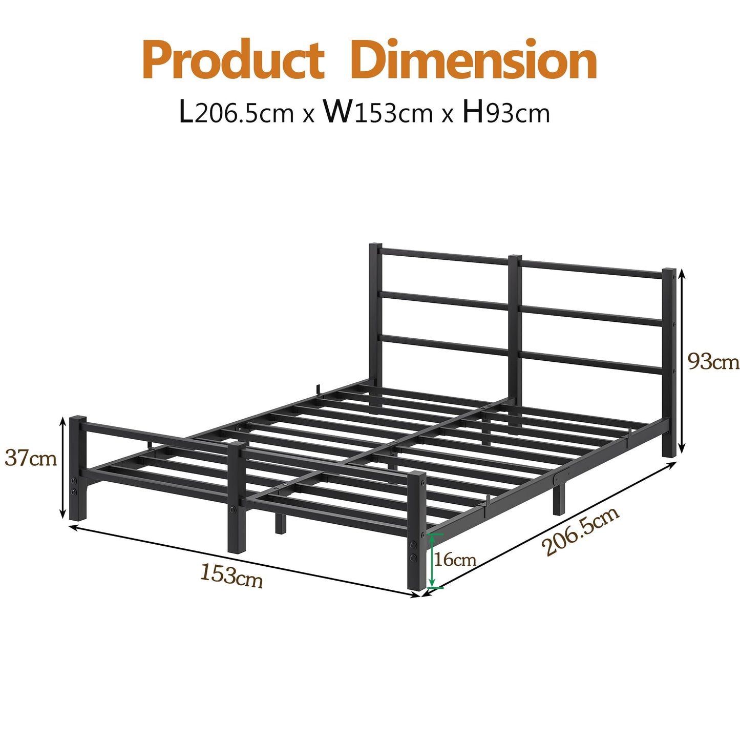 HAHRIR 16cm Low Profile 5ft King Bed Frame with Metal Headboard, Black
