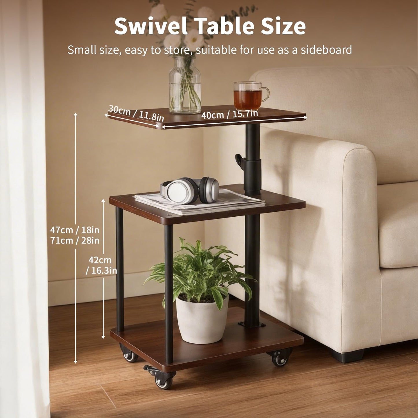 Bingyouth Side Table with Wheels, Adjustable Sofa Table with 360° Swivel Top, 3 Tier Small End Table for Living Room and Bedroom
