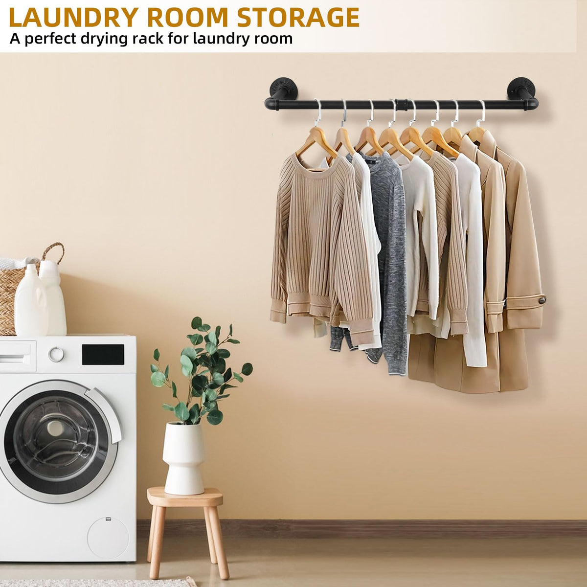 Yawinhe Industrial Pipe Wall Mount Rack, 97cm Space Saving Heavy Duty Clothes Hanger, Hanging Rail for Laundry, Living Room and Closet, Black, 2 Pack