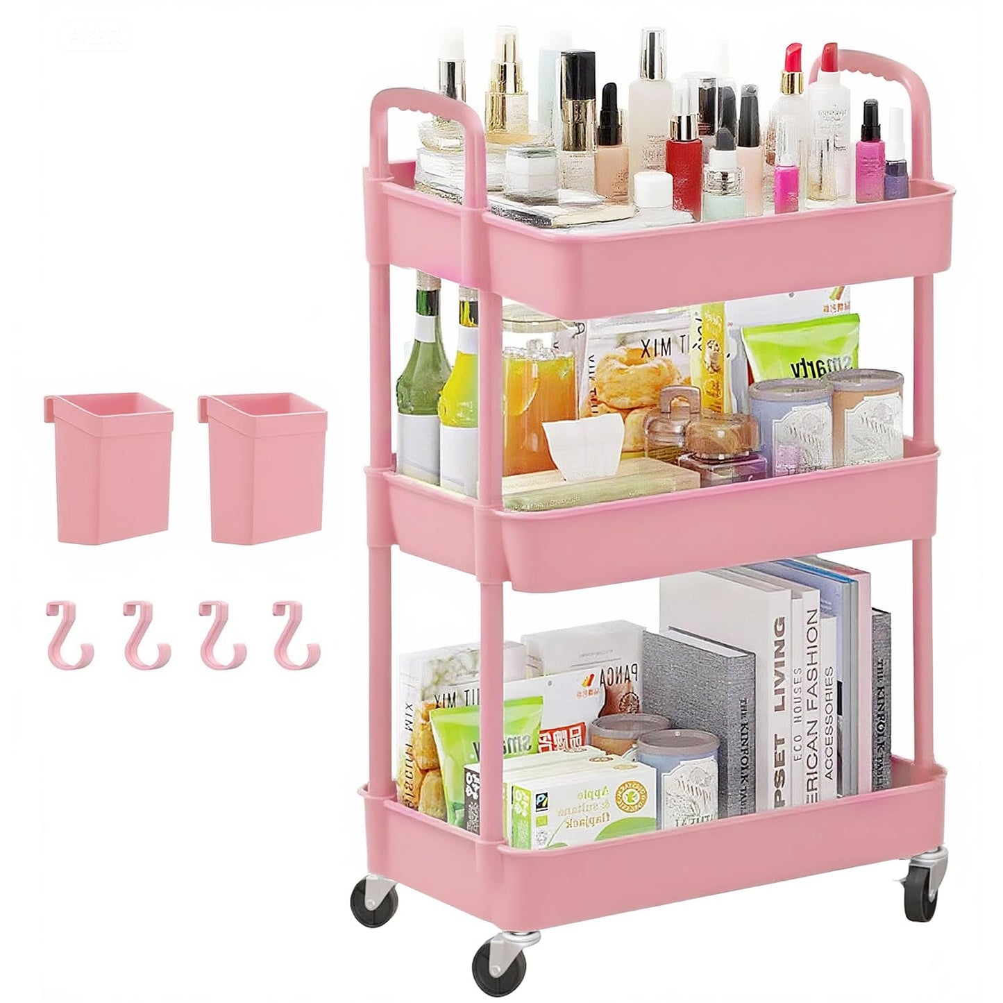 Houbobo Storage Trolley on Wheels, 3-Tier Rolling Cart, Plastic Utility Cart - Easy Assembly