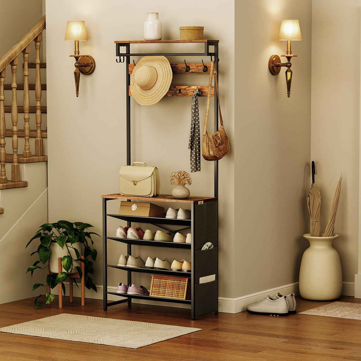 HOOBRO Coat Stand, Coat Rack with Shoe Storage, Hall Tree with Tiltable Mesh Shelves, 4 Removable Hooks, Side Storage Pocket, Shoe and Coat Rack for