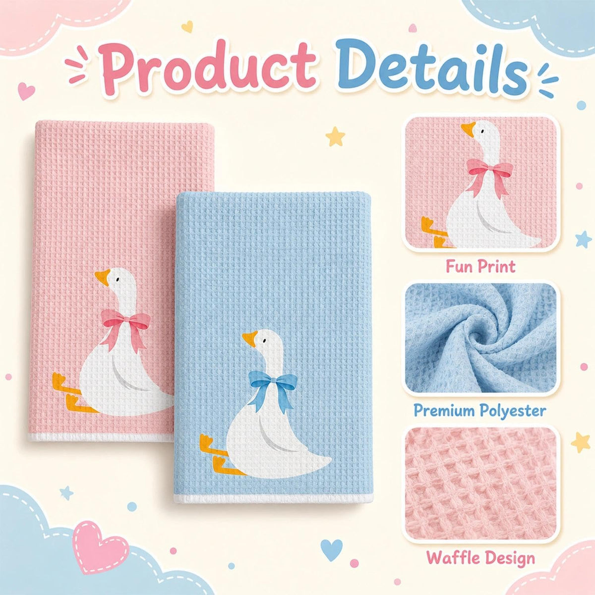 ZENITHYX 2Pcs Goose Hand Towels, Waffle Animal Tea Towels for Kitchen Bathroom, Funny Goose Kitchen Tea Towels for Women Men Kids Daily Use