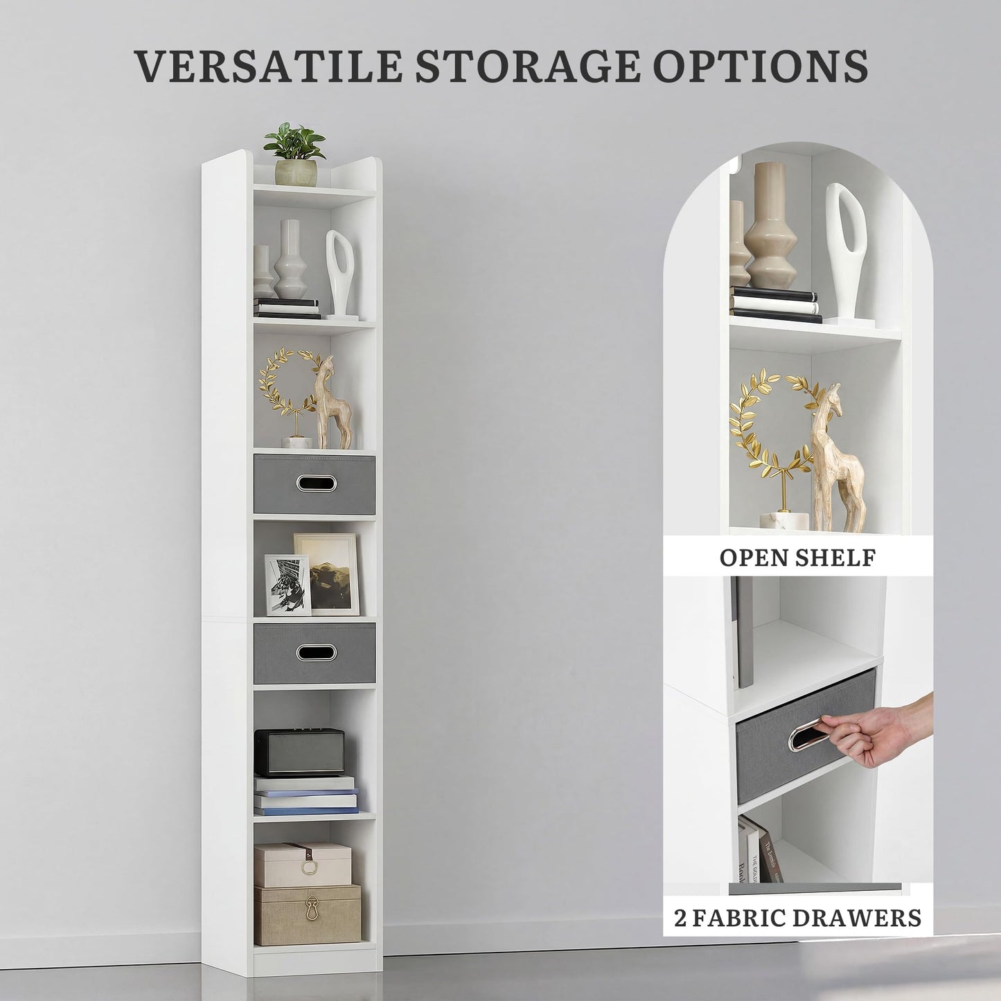 YITAHOME Tall Narrow Bookcase, Thin Corner 5-Tier Bookcase with 2 Fabric Drawers, Freestanding Display Shelf for Living Room, Bedroom, Office, White