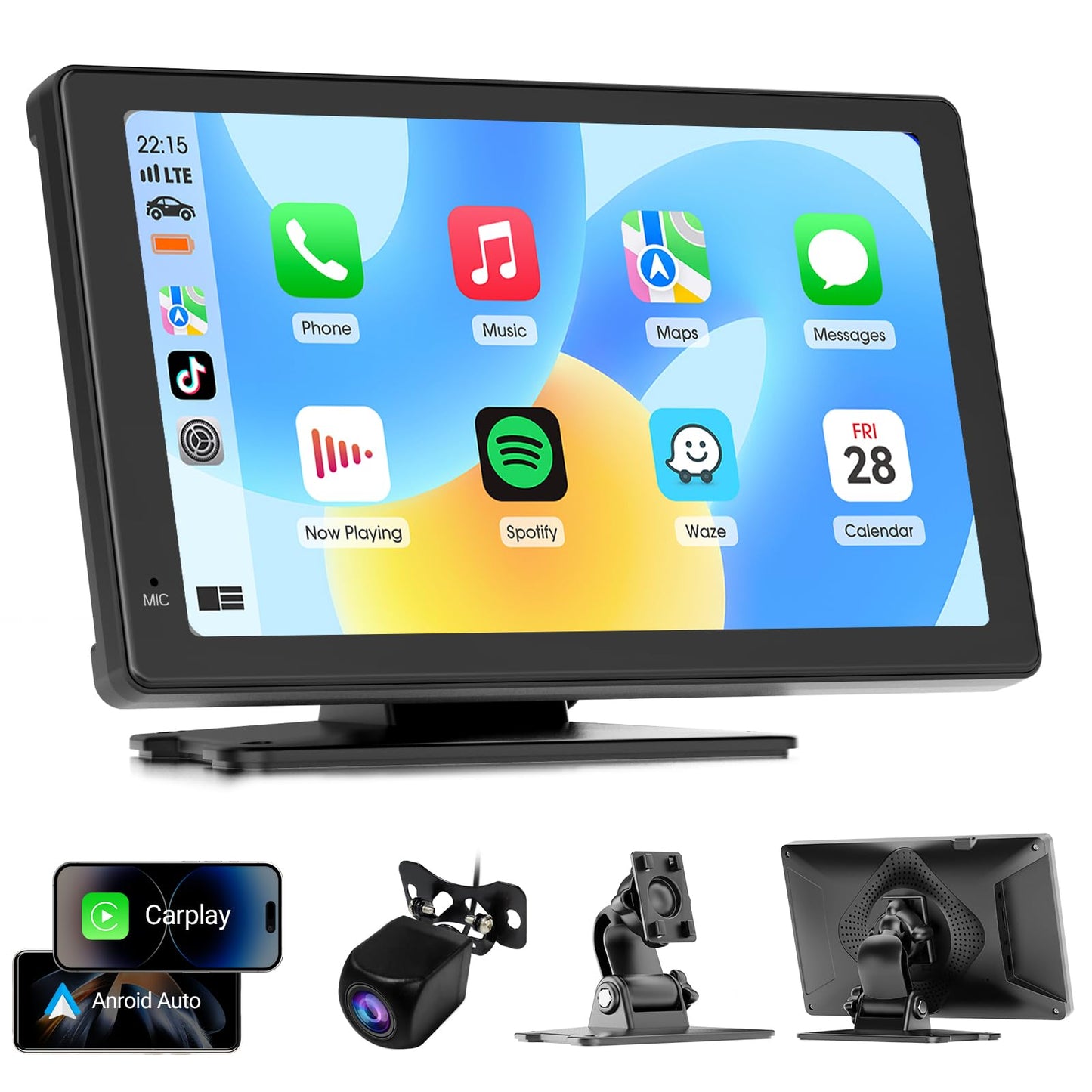 Haudio Car Stereo 7 Inch Carplay Screen for Apple & Android Auto, Portable Car Player with 1080P Rear Camera, Wireless Car Play with Voice Control &