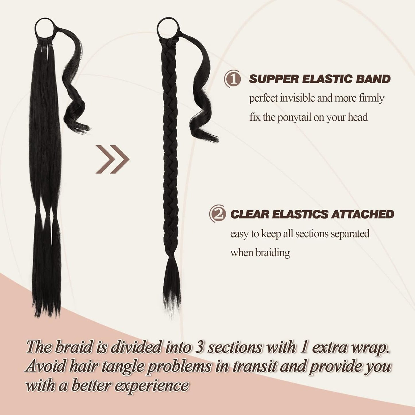 BARSDAR Long Braided Ponytail Extension Natural Black, New but scruffy packaging, factory sealed