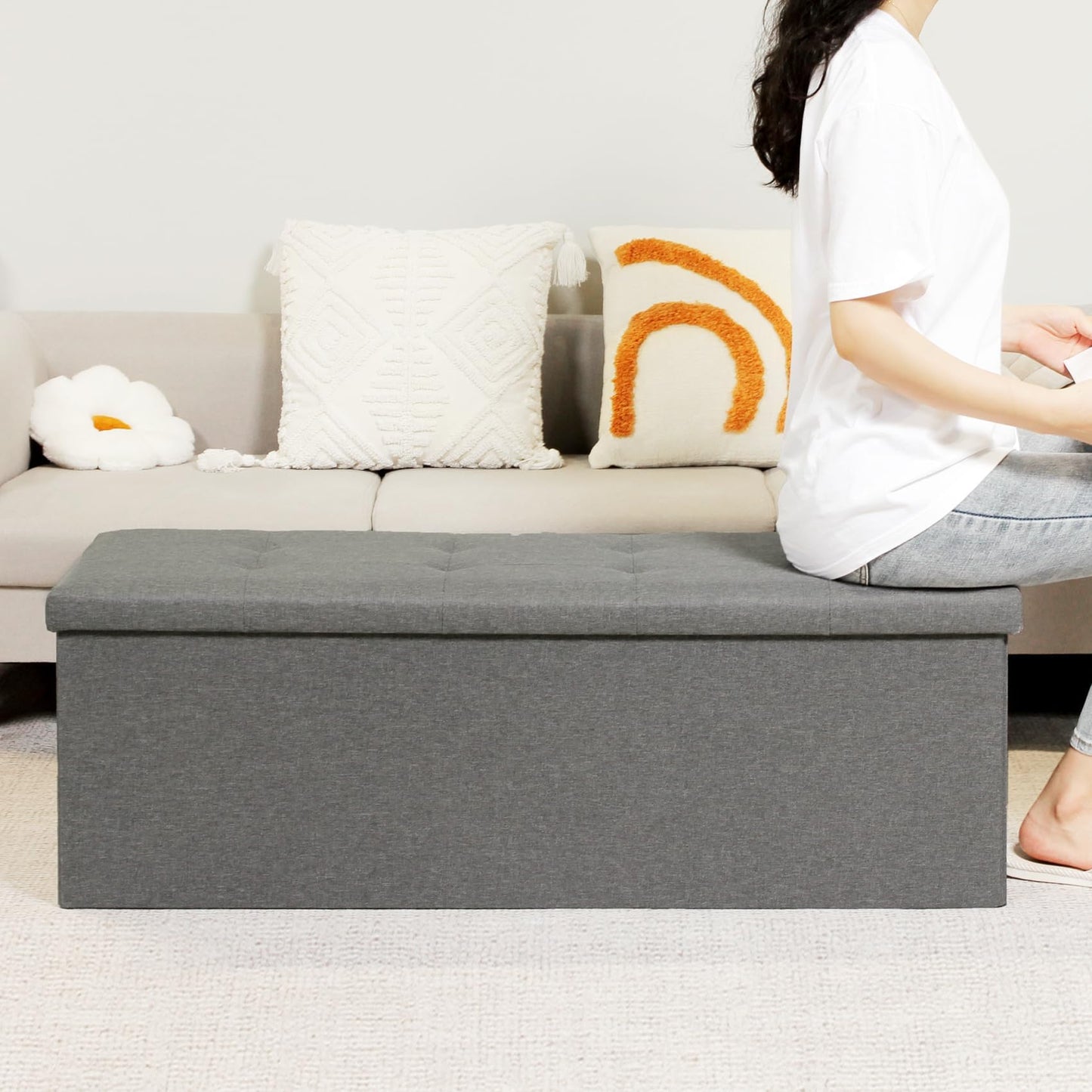 Bonlife 110x38x38cm Grey Extra Large Ottoman Storage Box with Lid,Folding Toy Chest Boxes Bedroom End of Bed Storage Bench Footstools for Living Room
