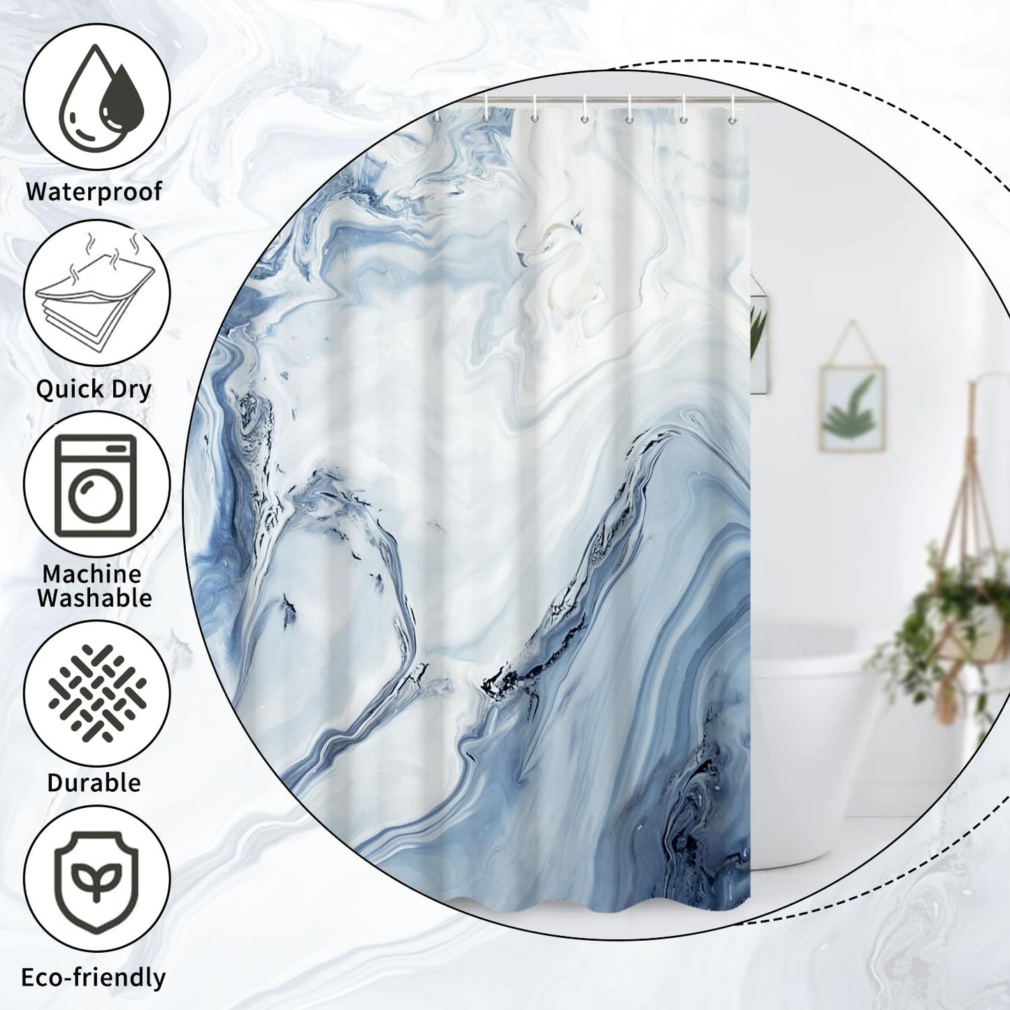 GCIREC Shower Curtain, 180x200cm, Blue White Texture Ink Marble Modern Art Waterproof Fabric Machine Washable Bathroom Curtain with Hooks