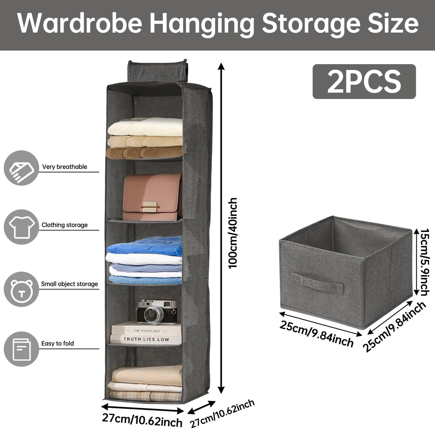 FALSKT 2PCS Hanging Storage with 5 Shelves and Removable Drawer Fabric Hanging Shelves Foldable Hanging Wardrobe Organiser Wardrobe Storage Organiser