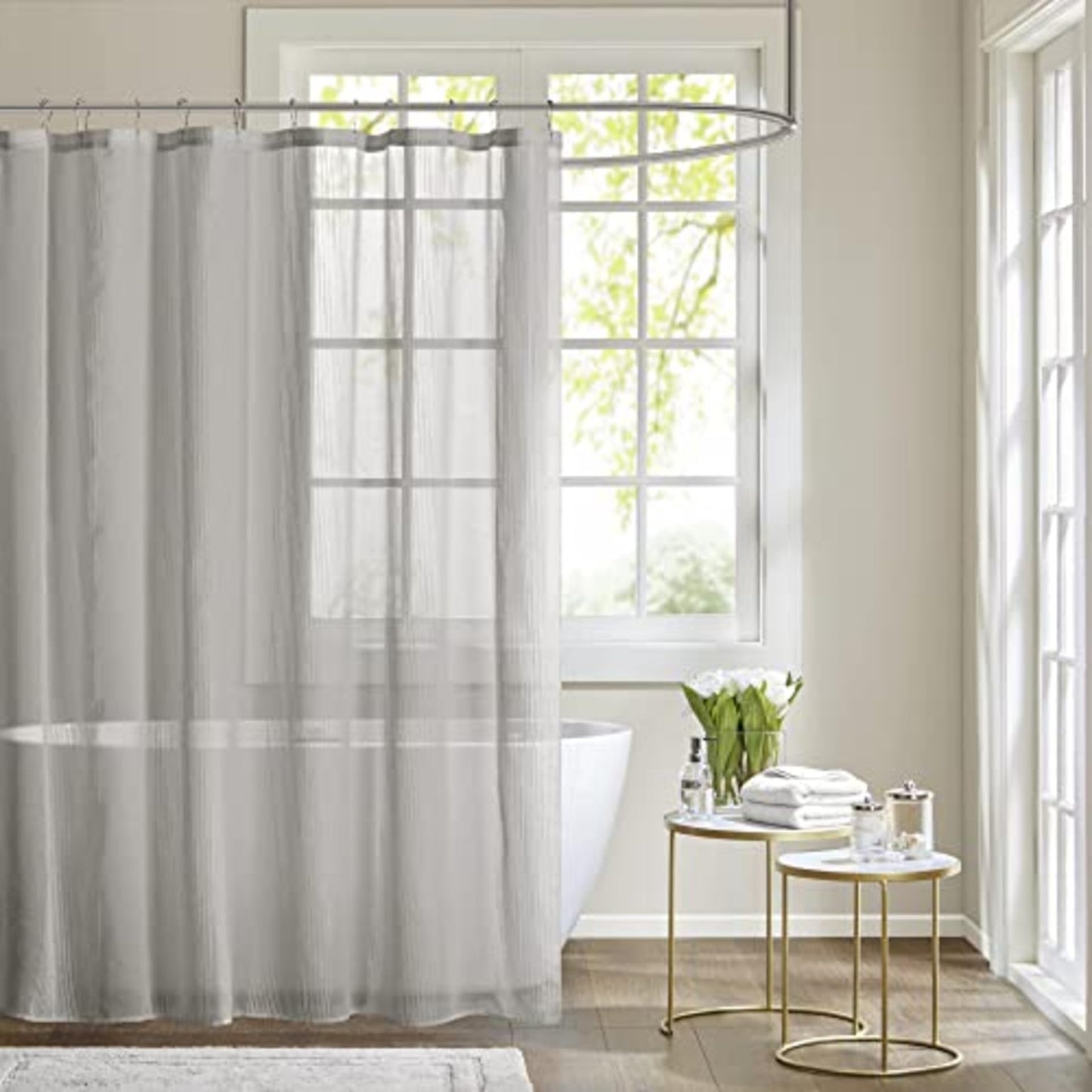 Madison Park Anna Sheers Shower Curtain, Textured Striped Accent Design, Modern Mid-Century Bathroom Decor, Machine Washable, Fabric Privacy Screen