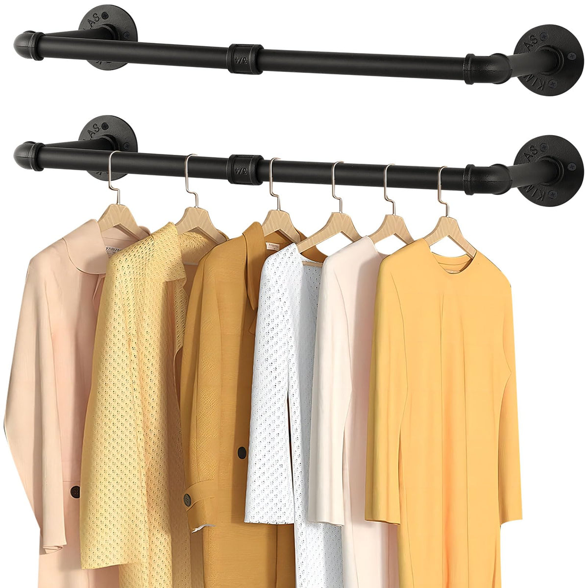 Yawinhe Industrial Pipe Wall Mount Rack, 97cm Space Saving Heavy Duty Clothes Hanger, Hanging Rail for Laundry, Living Room and Closet, Black, 2 Pack