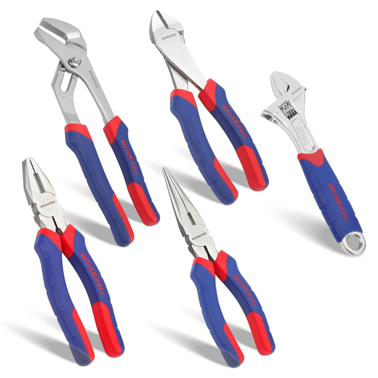 WORKPRO 5-Piece Pliers Set, Includes 250 mm Water Pump Plier, 200 mm Combination Plier, 200 mm Long Nose Pliers, 180 mm Diagonal Cutter, 200mm