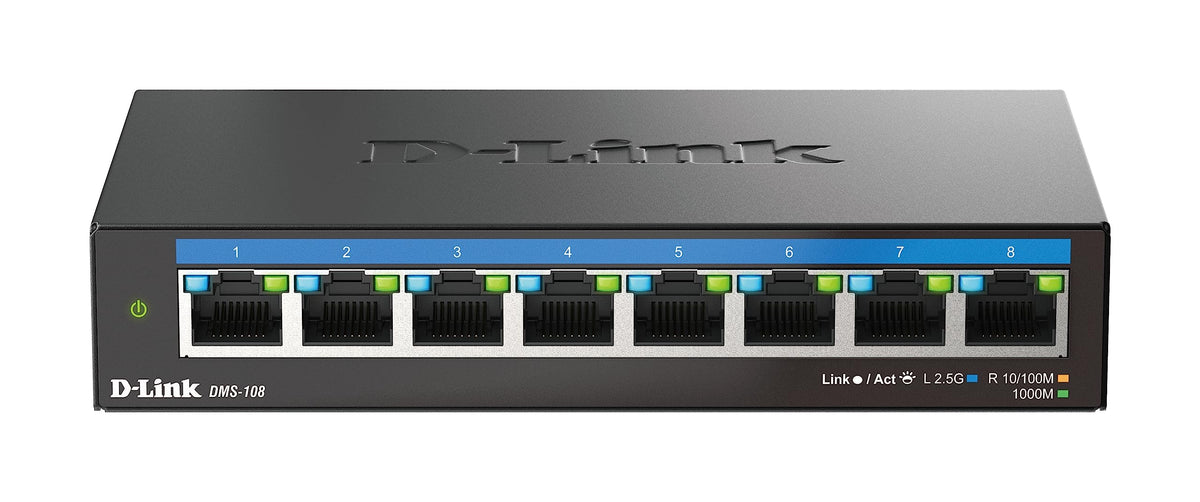 D-Link DMS-108 8-Port 2.5G Multi-Gigabit Unmanaged Desktop Switch with eight 2.5 Gigabit Ports, Fanless, Low Profile, Compact, Metal Housing, QoS,
