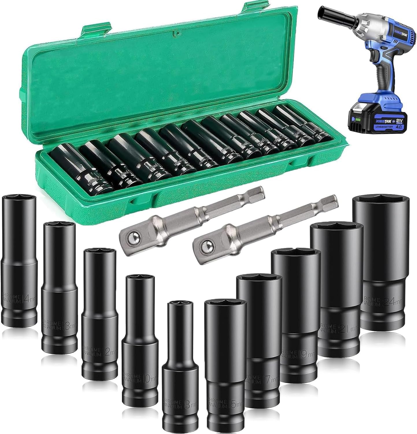12 Pcs Deep Impact Socket Set, 8-24 MM Hex Long Socket Set 1/2 Inch Impact Wrench Socket Set Comes with Impact Driver Extension Bar for Home Car