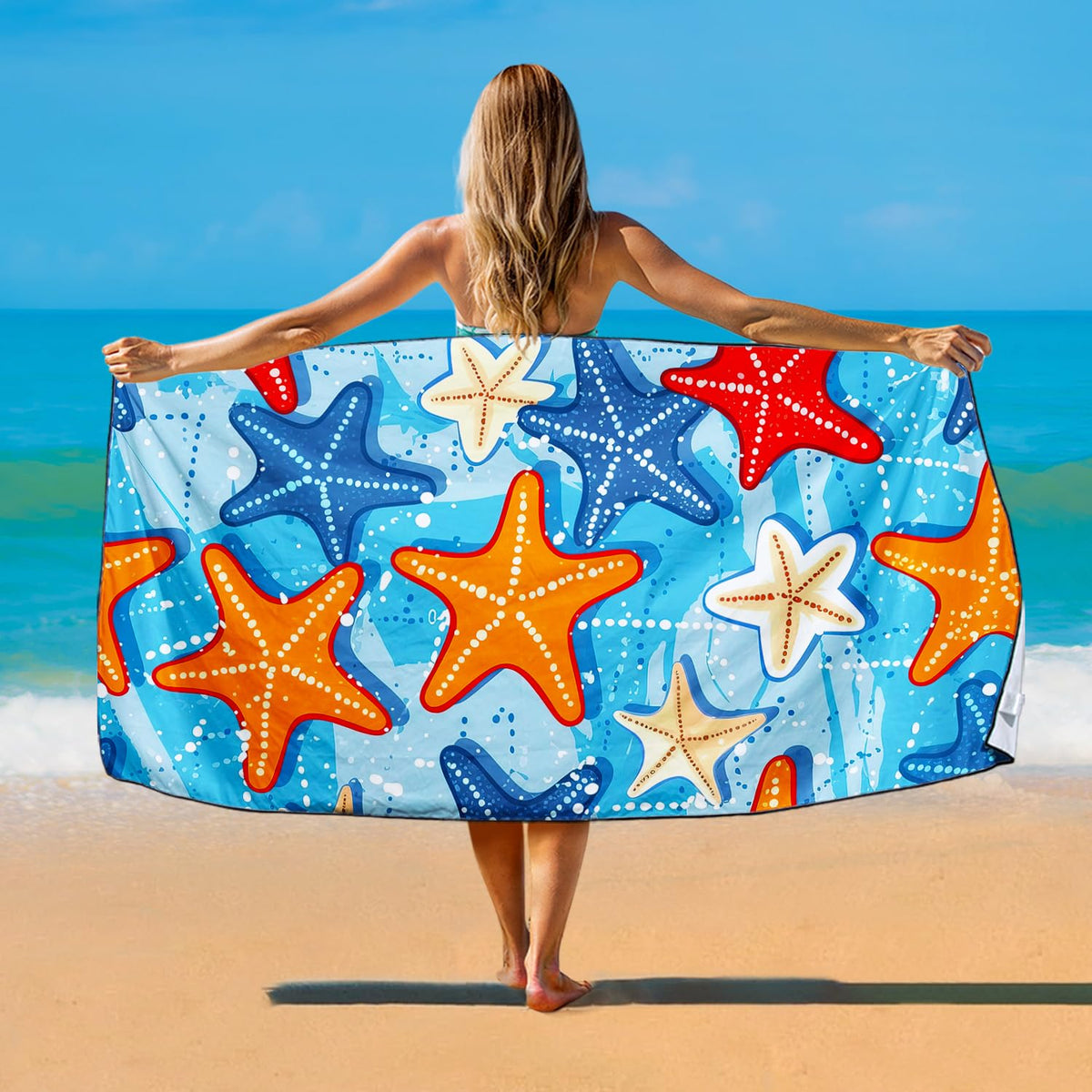 Violetpos Colorful Starfish Beach Towel, Extra Large 180x90 cm 250GSM Microfibre, Sand Free Quick Dry
