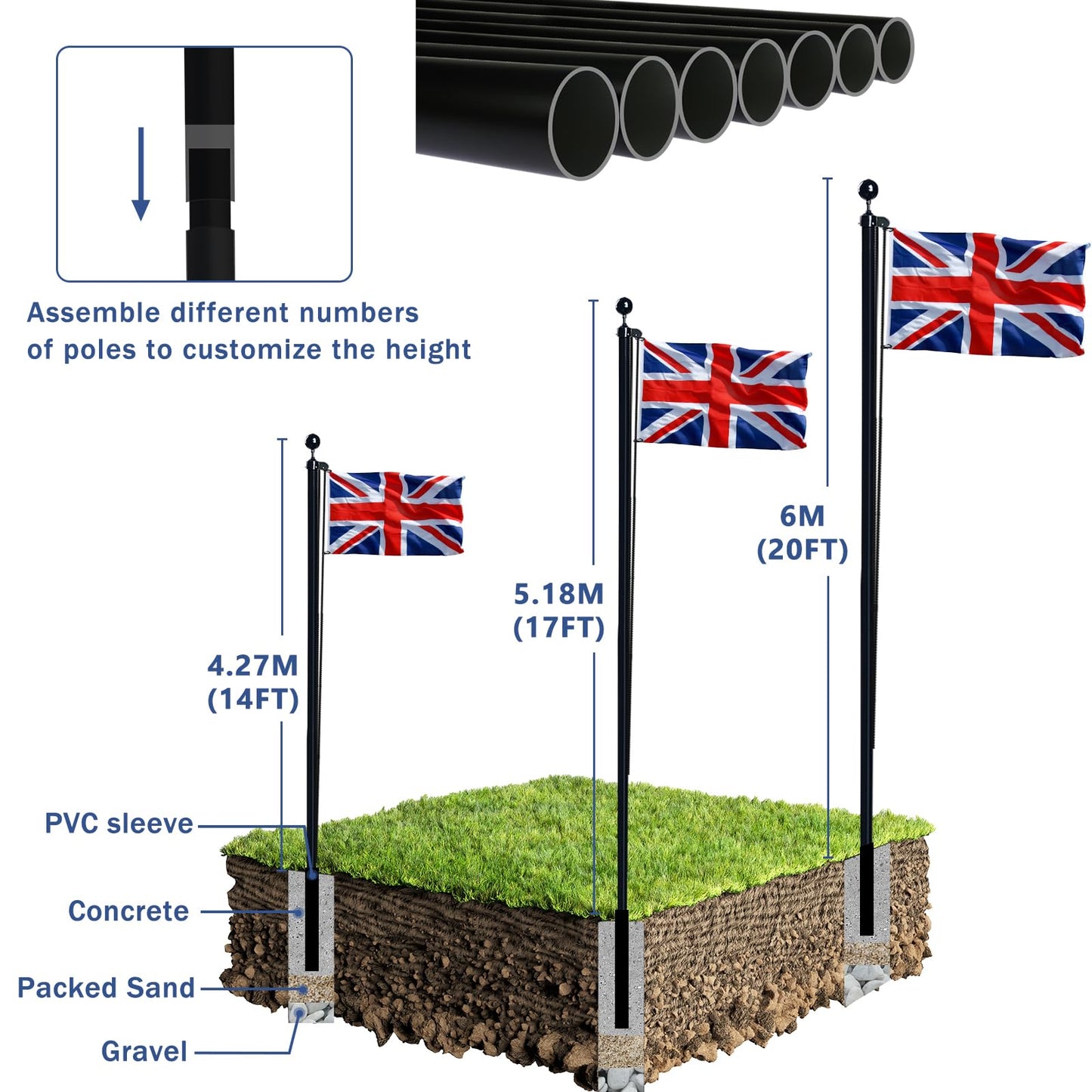 NQ 20FT (6M) Flag Poles for Garden, Sectional Heavy Duty Aluminum Flag Pole Kit with UK Flag, Flag Pole Topper, Flagpole Rope, Outdoor in Ground Flag