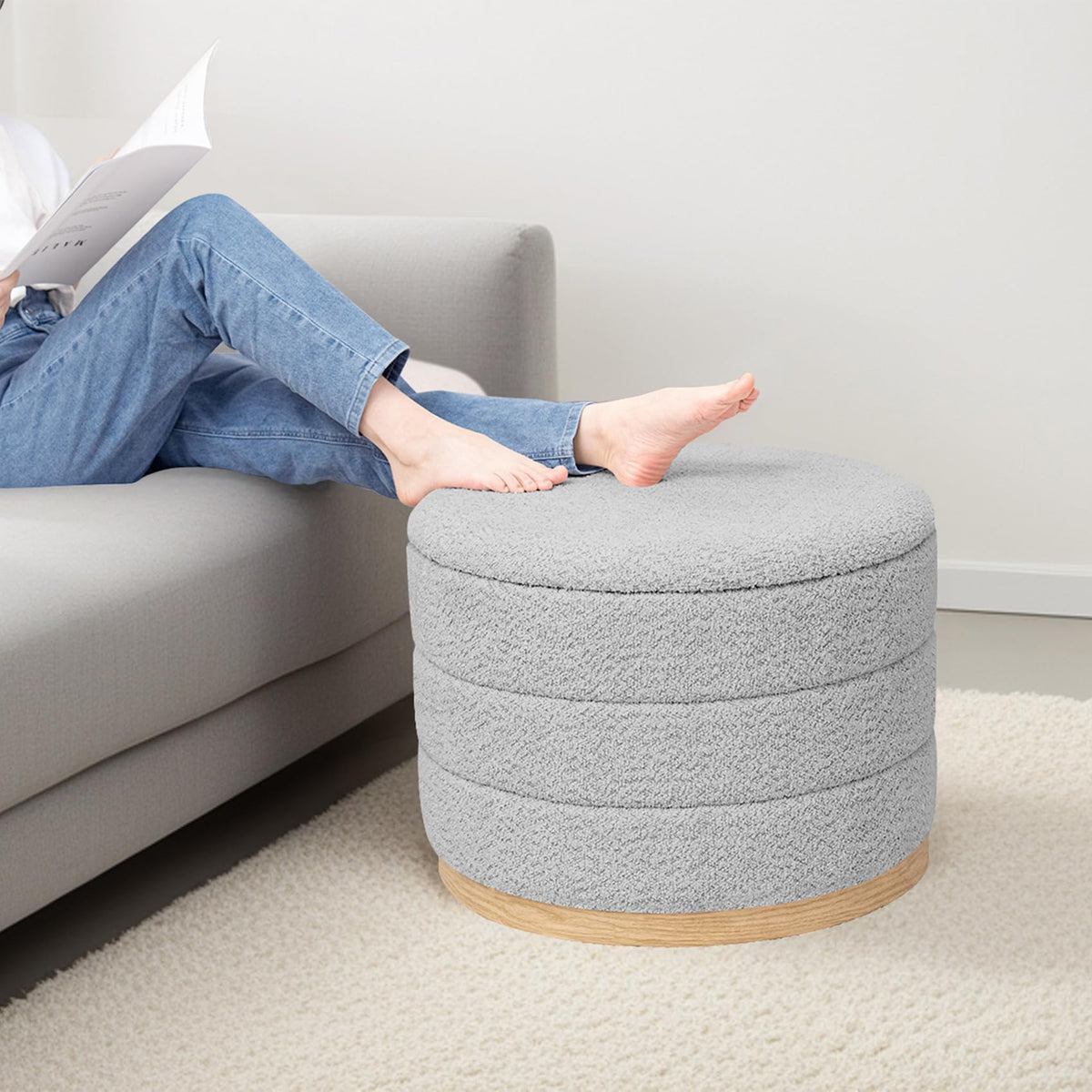 PINPLUS Round Chenille Storage Ottoman, Tray Top, 58x58x44 cm, Silver Grey