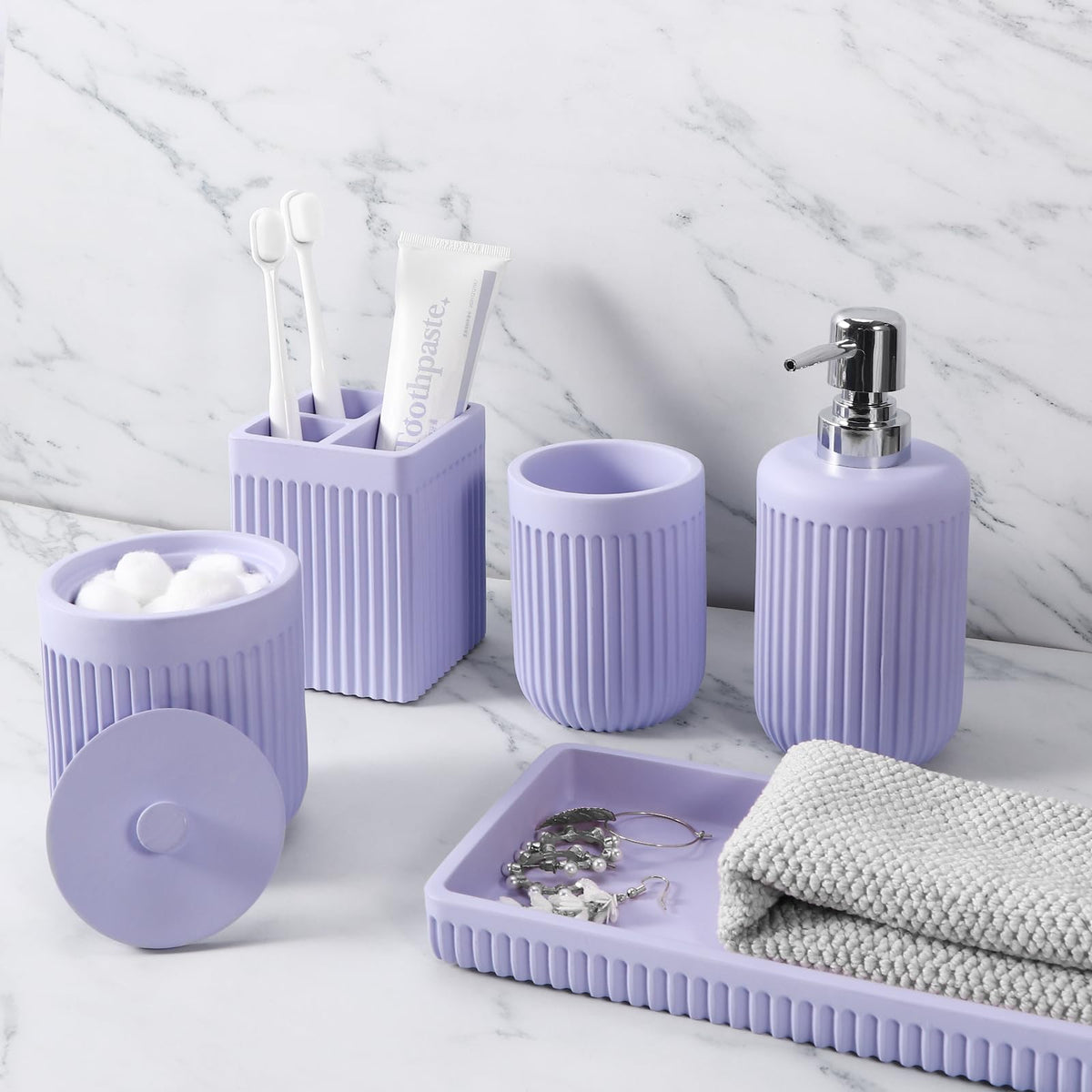 XLHOMO Resin Light Purple Bathroom Accessories Set 5 Pcs, Lotion Soap Dispenser, Toothbrush Holder, Bathroom Tumbler, Qtip Holder and Vanity Tray