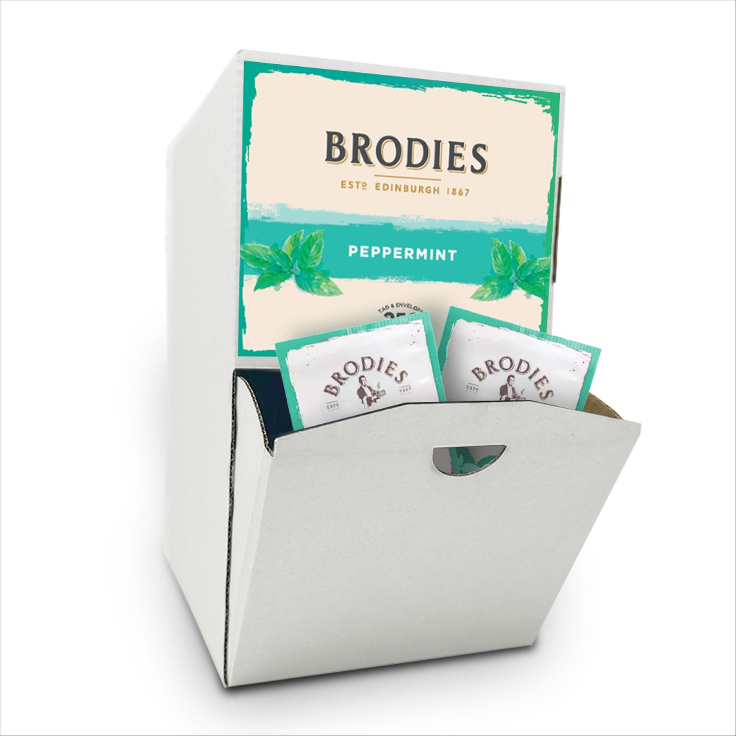 Brodies Peppermint Tag and Envelope - 1 Dispenser box of 250 tea bags - Infusion of refreshing and stimulating bright green cut Leaves, Caffeine Free
