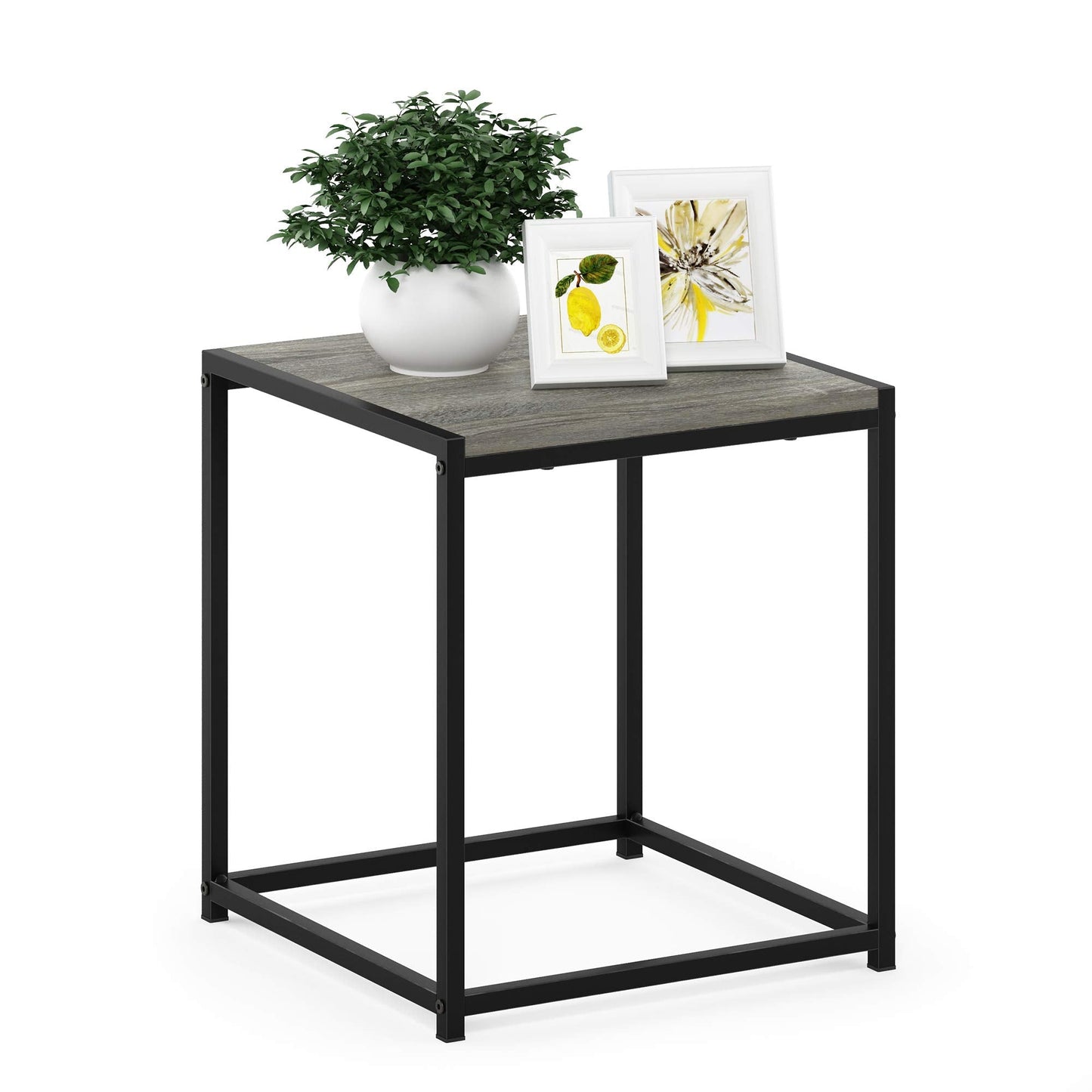Furinno CAMNUS Side Table, Metal Frame End Table, Toolless Night Stand, Bedside Table, for Living Room, Bedroom, French Oak Grey