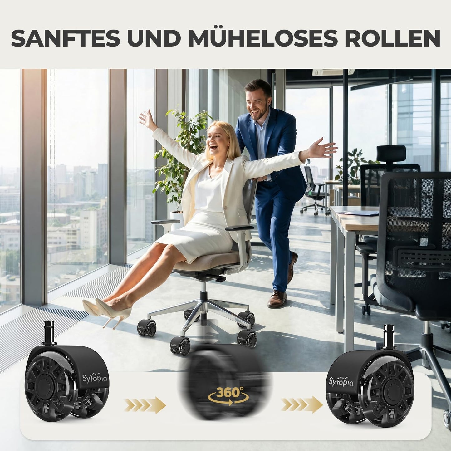 Sytopia Office Chair Castors 10 mm x 22 mm, Wheels for Office Chairs 10 mm, Rubber Office Chair Castors Set of 5 for Hard Floor, Parquet, Laminate