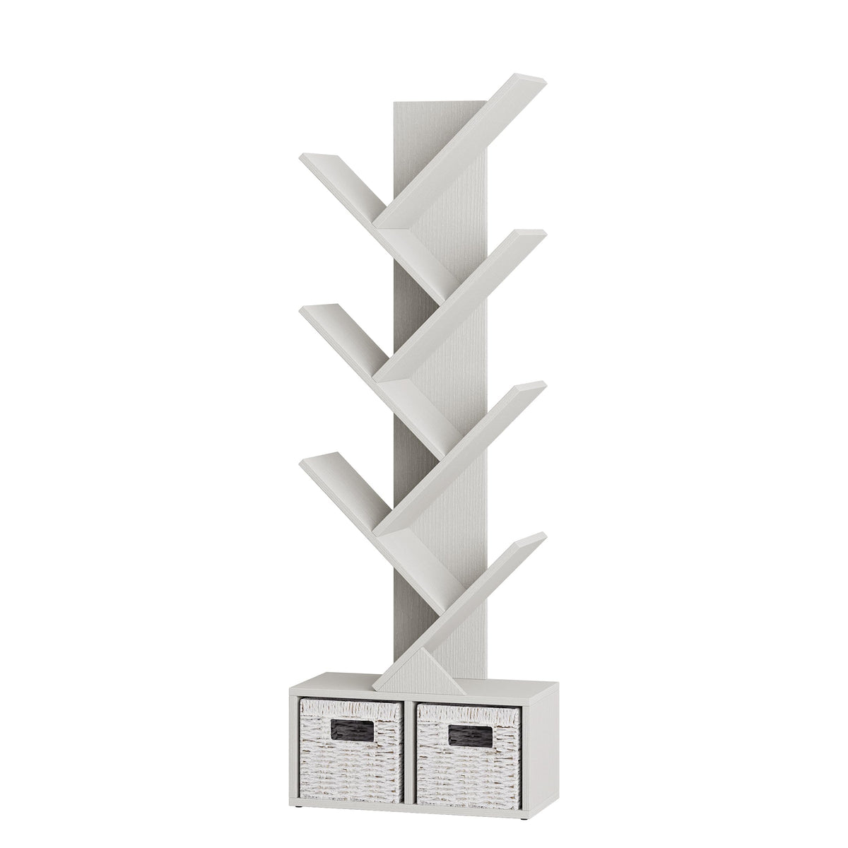 Vagusicc 6 Tier Tree Bookshelf with 2 Storage Baskets, Tall Display Shelf Organizer for Books, Magazines, Home Decor