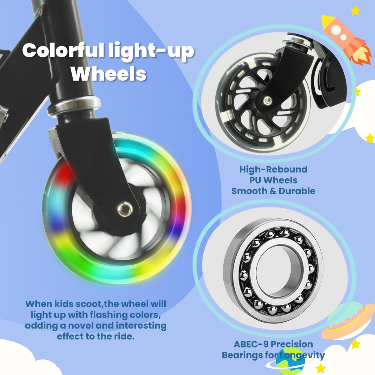 TENBOOM Scooter for Kids Ages 4-7, 2 Wheels Light Up Gift Scooters for Girls Boys Ages 6-12, Easy Folding Kids Scooter with 3 Levels Adjustable