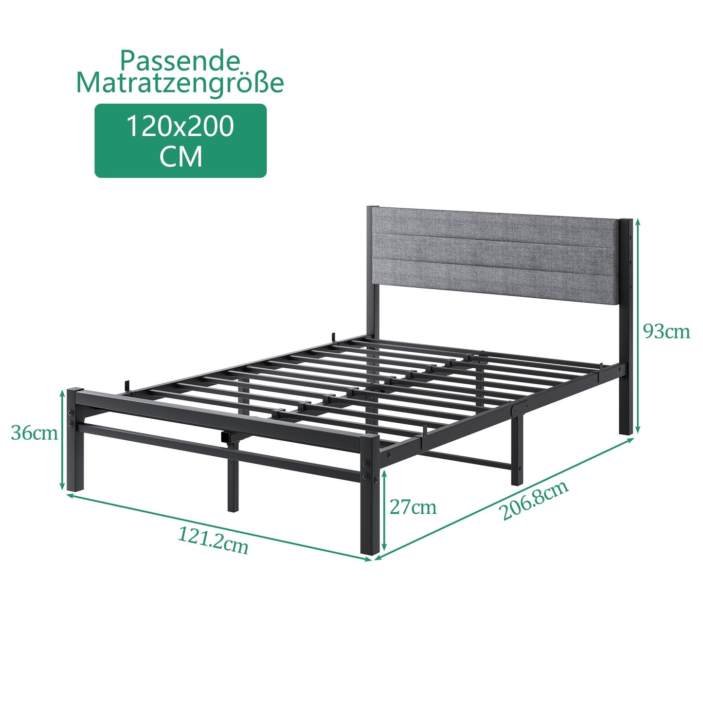 JUISSANO Upholstered Bed 120 x 200 cm Bed Frame Youth Bed Frame Bed 120 x 200 cm with Metal Slatted Frame, Padded Pedestal, Modern Single Bed