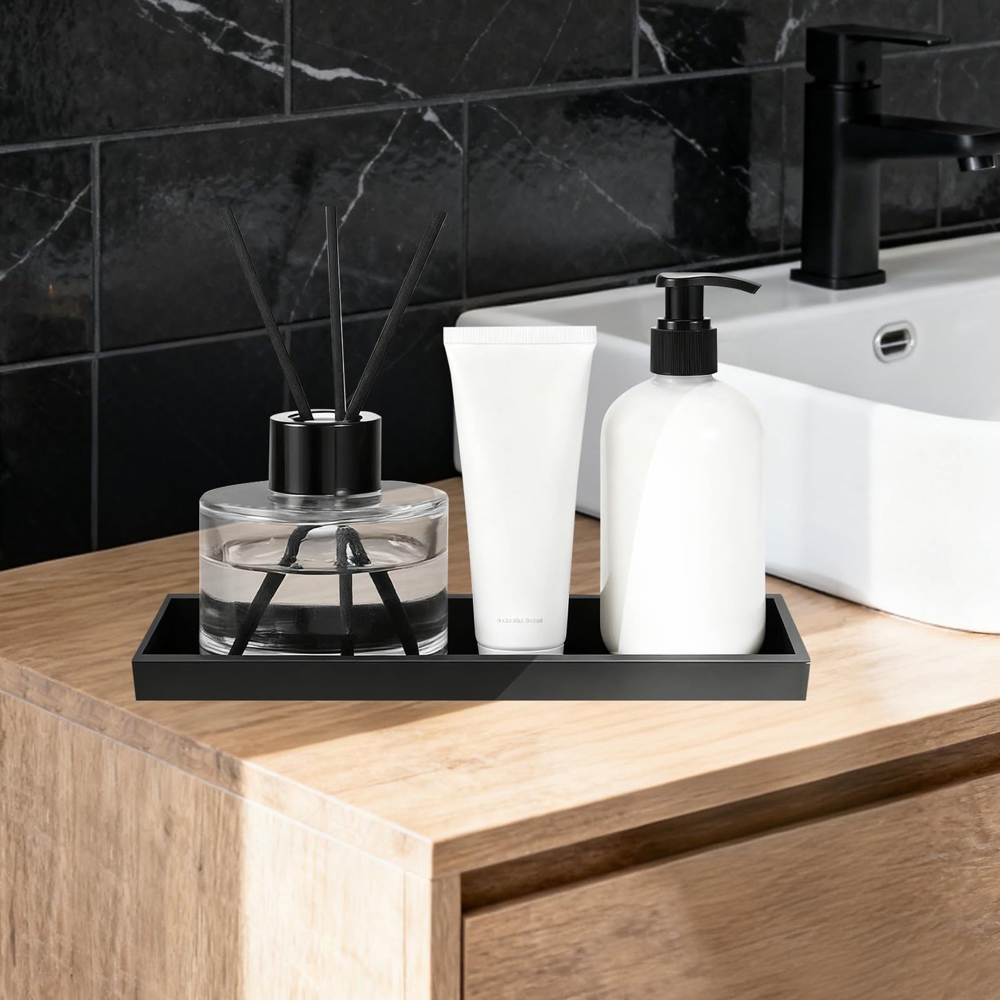 TAIVIN 2 Pcs Bathroom Tray, Black Silicone Vanity Tray,25x11x2 cm