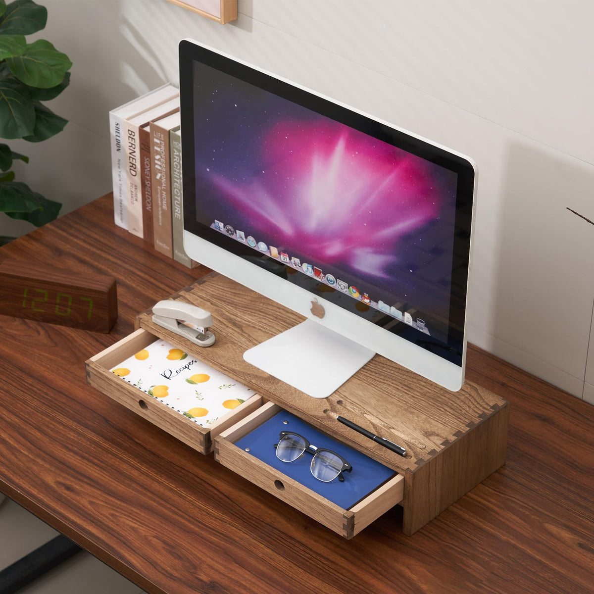 KIRIGEN Wood Monitor Stand with 2 Drawers Computer Arm Riser Desk Storage Organizer, TV Laptop Printer Stand,2-Tier Desktop Shelf Dark Brown
