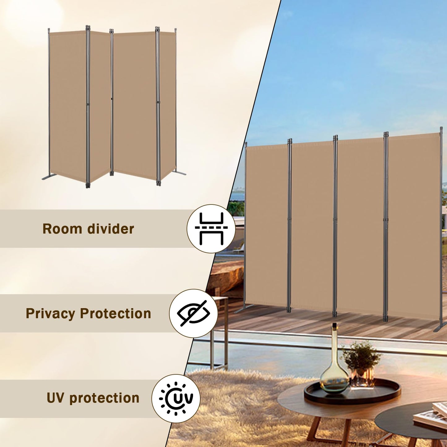 Angel Living 4 Panels Folding Room Divider, Privacy Screen Composed of Polyester Fabric and Sturdy Iron Frame