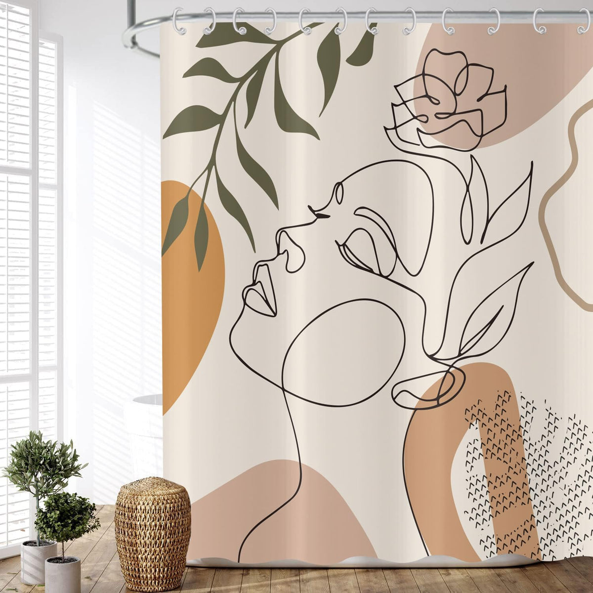 ASDCXZ Shower Curtain Beige 150x180 cm Boho Style, Modern Abstract Art Girl Face Flower Green Leaves Washable Shower Curtains Polyester Textile