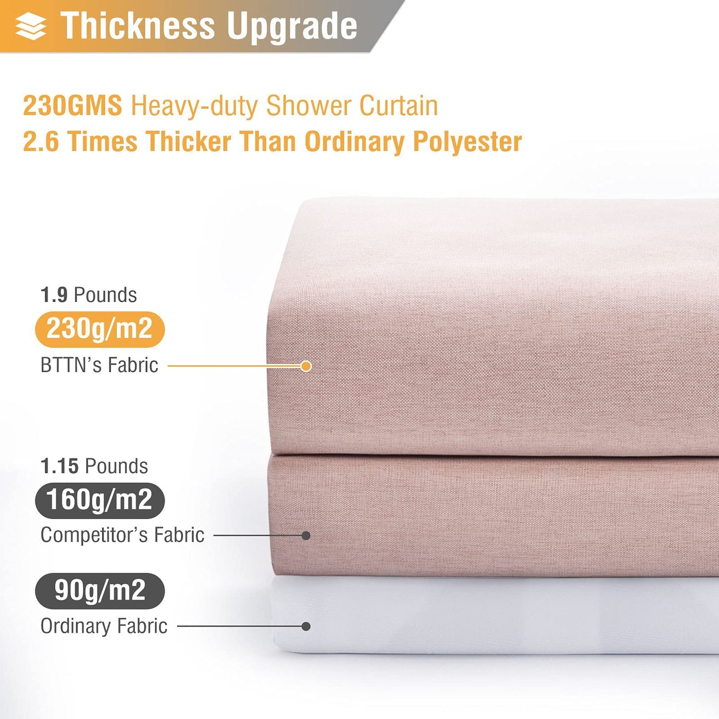 BTTN Narrow Linen Look Weighted Shower Curtain, Waterproof, 92x182cm, Blush