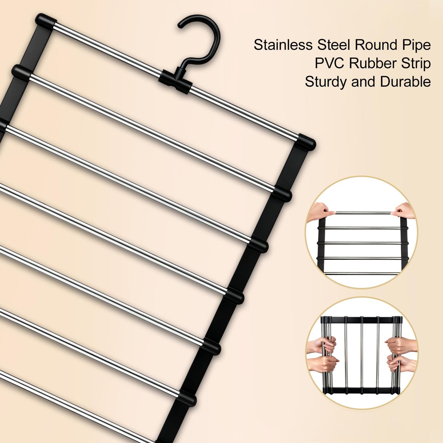 VirtuGro 2 Pack Trouser Hangers Space Saving Black Metal Coat Pants Hangers, 360° Rotatable 6-Tier Stainless Steel Multi Jeans Hanger Closet