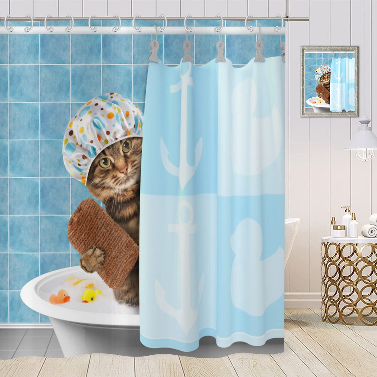 ASDCXZ Shower Curtain Funny 180x200 cm, Blue Funny Cat Bathtub Showers Child Shower Curtains Fabric Washable Polyester Textile Waterproof Shower