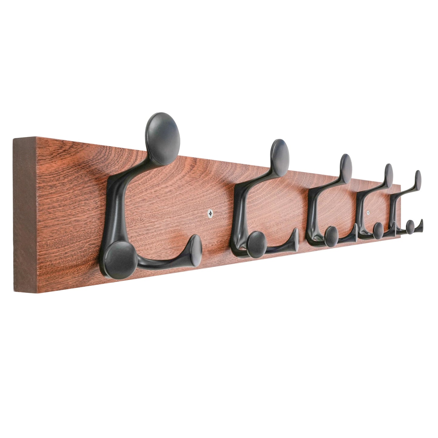HONSKY Wall Mounted Coat Rack, 76cm Solid Sapele Wood Backboard,5 Black Sturdy Aluminium Alloy Triple Hooks(15 Hanging Points)