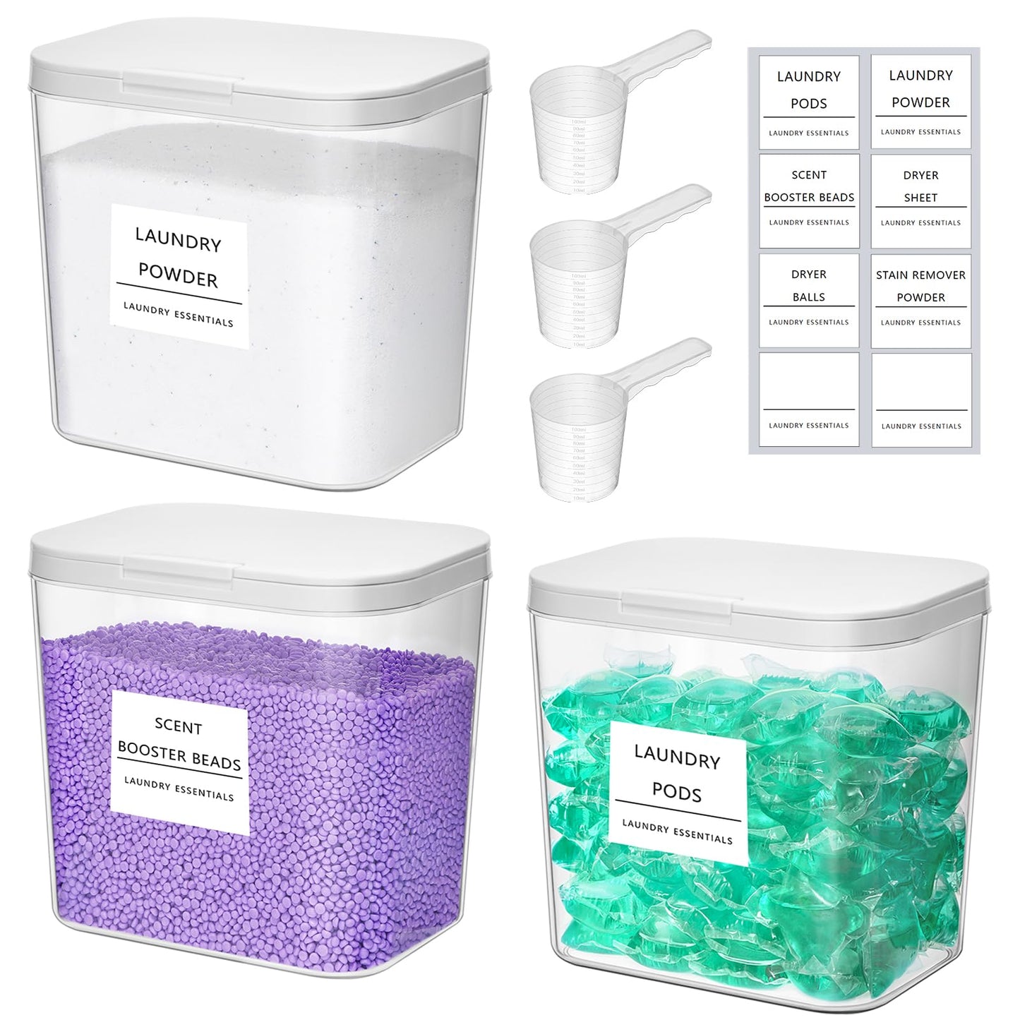 Lifewit 3 Pack Laundry Pods Container with Labels, Scoops and Press-and-Pop Lid, Detergent/Powder/Capsule/Pot/Washing Tablets Storage Holder for