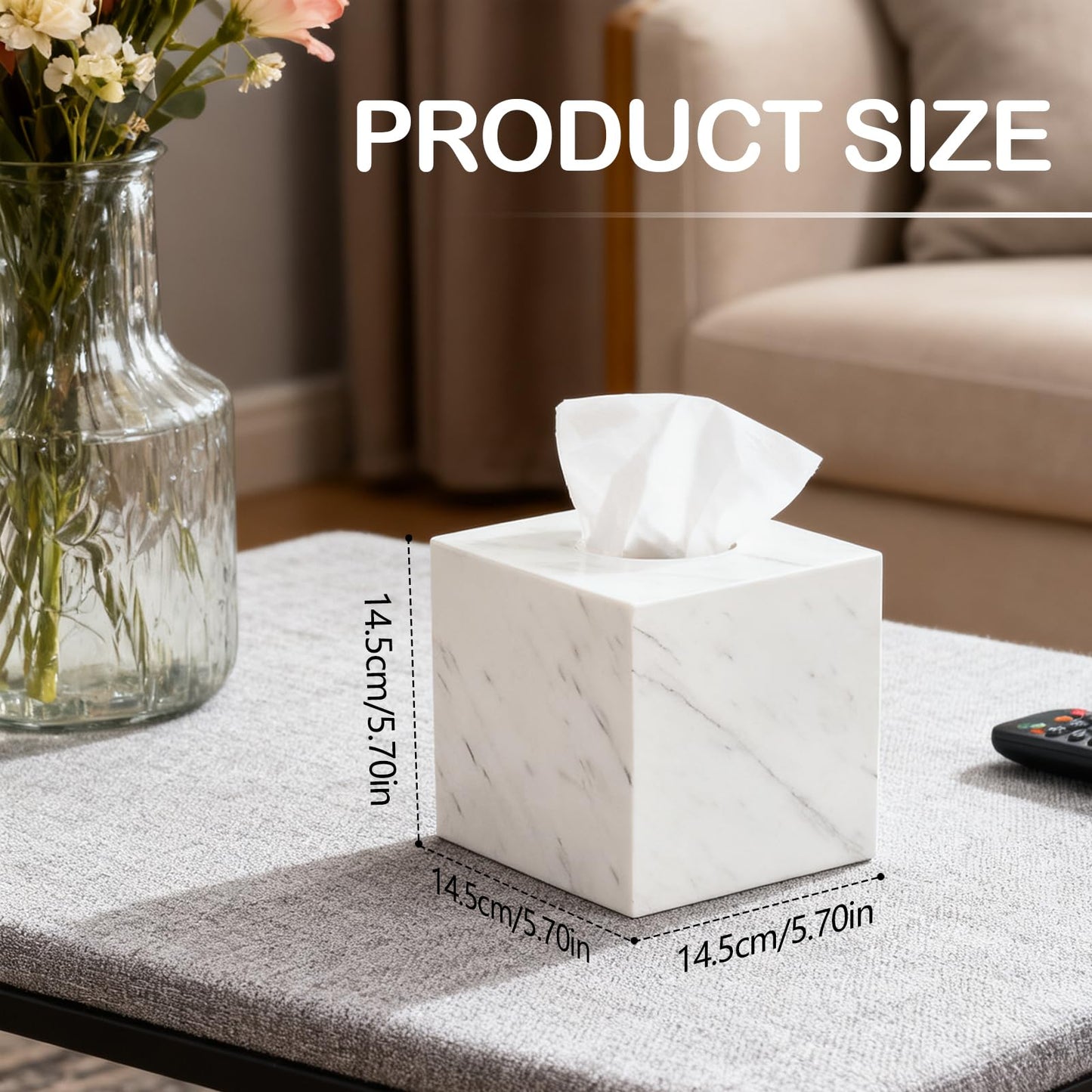 Tissue Box, 14.5 x 14.5 x 14.5 cm Tissue Box Holder Made of Natural Marble Square Paper Organizer with Open Acrylic Base and Silicone Mat for Home