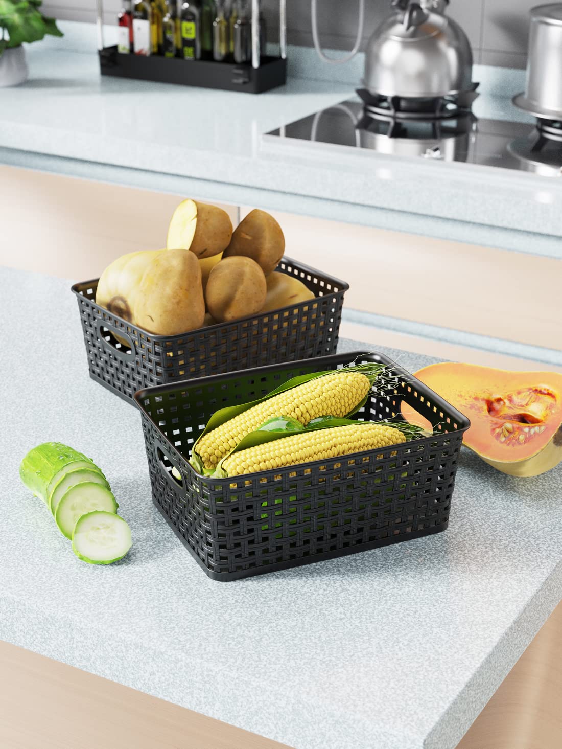 Woven Storage Organizer Basket, 6-Pack Black Plastic Weave Baskets, 10.1" x 7.55" x 4.1"