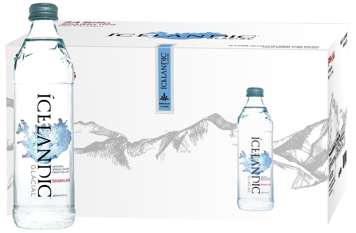 Icelandic Glacial Premium Sparkling Water 330ml Glass Bottles x 24 Per Pack ? Alkaline/Low PH, Recycled Packaging, BPA Free, Carbon Neutral from