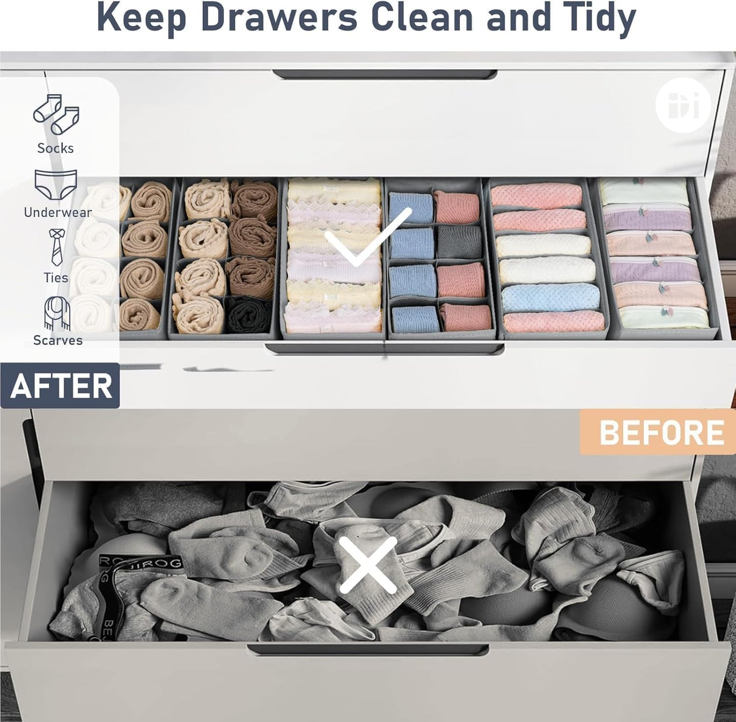 DIMJ Sock Drawer Organisers Fabric Drawer Dividers for Clothes Set of 8